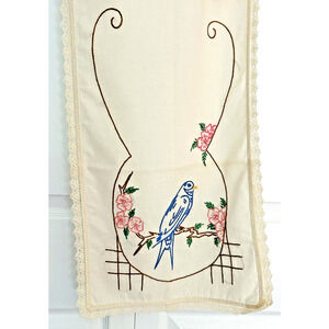 Dresser Scarf Table Runner Parrot Bird Vintage Linen Handmade Needlepoint 42x14"
